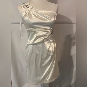 City Studio Cream One-Shoulder Ruched Satin Dress